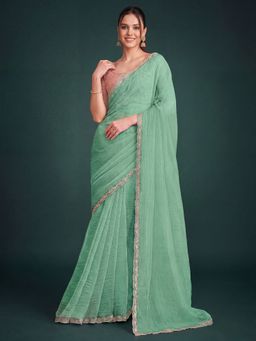 Akhilam - Women's Georgette Turquoise Embellished Saree with Unstitched Blouse