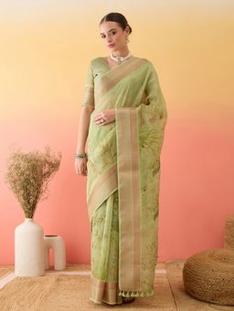 Akhilam - Women's Linen Mint Green Printed Saree with Unstitched Blouse