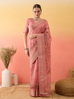Akhilam - Women's Linen Pink Printed Saree with Unstitched Blouse