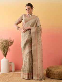 Akhilam - Women's Linen Beige Printed Saree with Unstitched Blouse