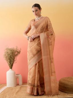Akhilam - Women's Linen Orange Printed Saree with Unstitched Blouse