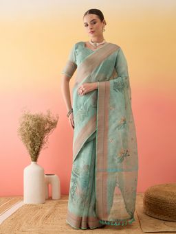 Akhilam - Women's Linen Light Turquoise Printed Saree with Unstitched Blouse