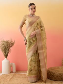 Akhilam - Women's Linen Yellow Printed Saree with Unstitched Blouse