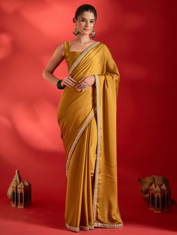 Sareemall - Women's Satin Mustard Embellished Saree with Unstitched Blouse