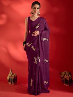 Sareemall - Women's Satin Wine Embroidered Saree with Unstitched Blouse