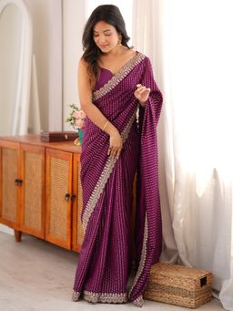 Sareemall - Women's Purple Zari Embroidered Saree with Unstitched Blouse
