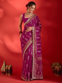 Sareemall - Women's Vichitra Silk Pink Embellished Saree with Unstitched Blouse