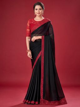 Akhilam - Women's Black Embellished Saree with Unstitched Blouse