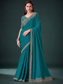 Akhilam - Women's Pure Chiffon Teal Green Embellished Saree with Unstitched Blouse