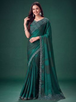 Akhilam - Women's Satin Silk Teal Green Embellished Saree with Unstitched Blouse