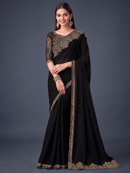 Akhilam - Women's Satin Silk Black Embellished Saree with Unstitched Blouse