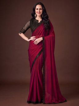 Akhilam - Women's Satin Silk Maroon Embellished Saree with Unstitched Blouse
