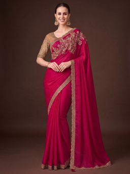 Akhilam - Women's Satin Silk Pink Embellished Saree with Unstitched Blouse