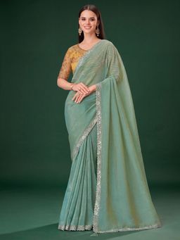 Akhilam - Women's Satin Silk Sea Green Embellished Saree with Unstitched Blouse