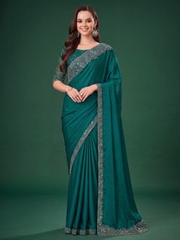Akhilam - Women's Satin Silk Teal Green Embellished Saree with Unstitched Blouse