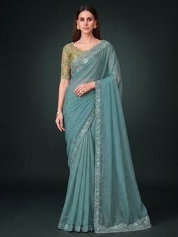 Akhilam - Women's Turquoise Embellished Saree with Unstitched Blouse