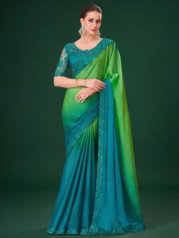 Akhilam - Women's Pure Chiffon Green Embellished Saree with Unstitched Blouse