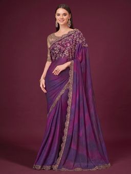 Akhilam - Women's Pure Georgette Purple Embellished Saree with Unstitched Blouse