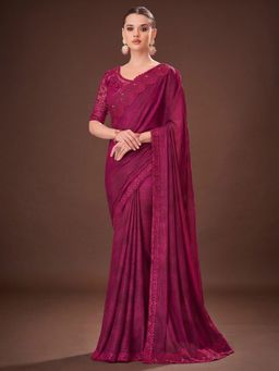 Akhilam - Women's Satin Silk Magenta Embellished Saree with Unstitched Blouse