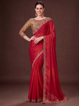 Akhilam - Women's Satin Silk Red Embellished Saree with Unstitched Blouse