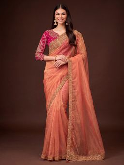 Akhilam - Women's Georgette Orange Embellished Saree with Unstitched Blouse
