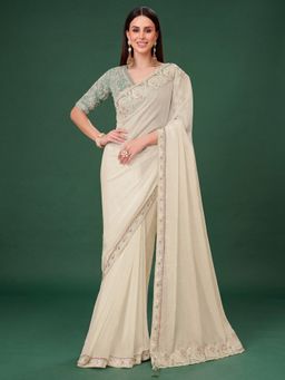 Akhilam - Women's Georgette Off White Embellished Saree with Unstitched Blouse