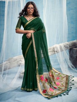 Sareemall - Women's Green Woven Design Handloom Saree with Unstitched Blouse