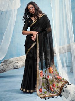 Sareemall - Women's Black Woven Design Handloom Saree with Unstitched Blouse