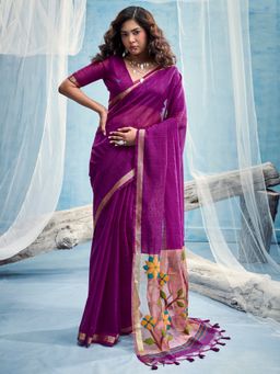 Sareemall - Women's Purple Woven Design Handloom Saree with Unstitched Blouse
