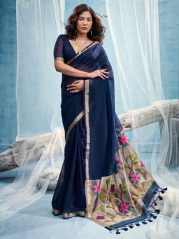 Sareemall - Women's Navy Blue Woven Design Handloom Saree with Unstitched Blouse