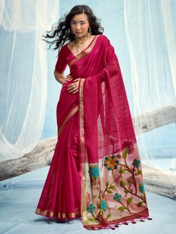 Sareemall - Women's Pink Woven Design Handloom Saree with Unstitched Blouse