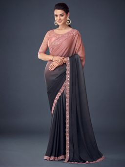 Akhilam - Women's Chiffon Grey Embellished Saree with Unstitched Blouse