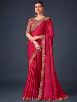 Akhilam - Women's Chiffon Pink Embellished Saree with Unstitched Blouse