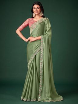 Akhilam - Women's Satin Silk Light Green Embellished Saree with Unstitched Blouse