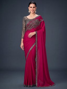 Akhilam - Women's Chiffon Pink Embellished Saree with Unstitched Blouse