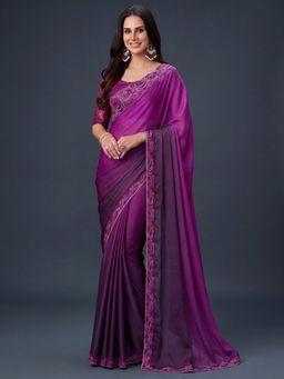 Akhilam - Women's Chiffon Purple Embellished Saree with Unstitched Blouse