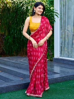Akhilam - Women's Georgette Red Printed Saree with Unstitched Blouse