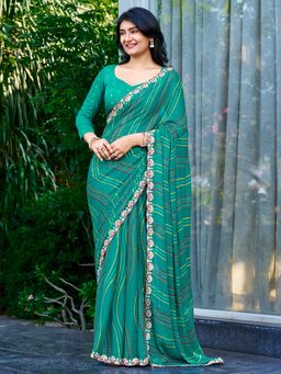 Akhilam - Women's Georgette Teal Green Printed Saree with Unstitched Blouse