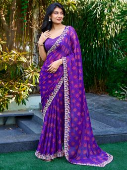 Akhilam - Women's Georgette Purple Printed Saree with Unstitched Blouse