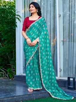 Akhilam - Women's Georgette Teal Blue Printed Saree with Unstitched Blouse