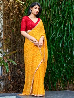 Akhilam - Women's Georgette Yellow Printed Saree with Unstitched Blouse