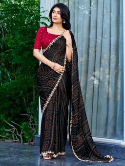Akhilam - Women's Georgette Black Printed Saree with Unstitched Blouse