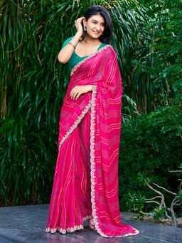 Akhilam - Women's Georgette Pink Printed Saree with Unstitched Blouse
