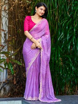 Akhilam - Women's Georgette Lavender Printed Saree with Unstitched Blouse