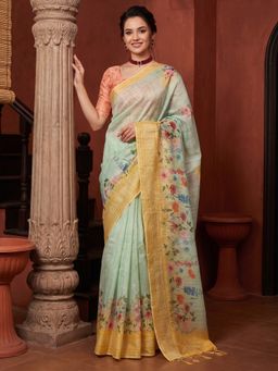 Akhilam - Women's Tussar Silk Light Blue Printed Saree with Unstitched Blouse