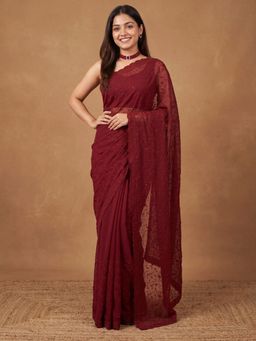 Sareemall - Women's Georgette Maroon Embroidered Saree with Unstitched Blouse