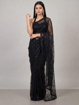 Sareemall - Women's Net Black Embellished Heavy Work Saree with Unstitched Blouse