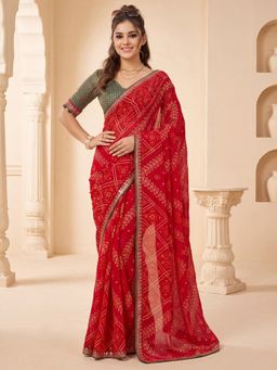 Akhilam - Women's Georgette Red Printed Saree with Unstitched Blouse