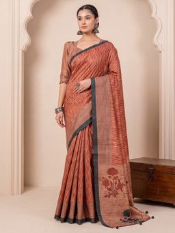Akhilam - Women's Rust Printed Saree with Unstitched Blouse