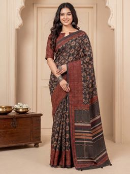 Akhilam - Women's Black Printed Saree with Unstitched Blouse